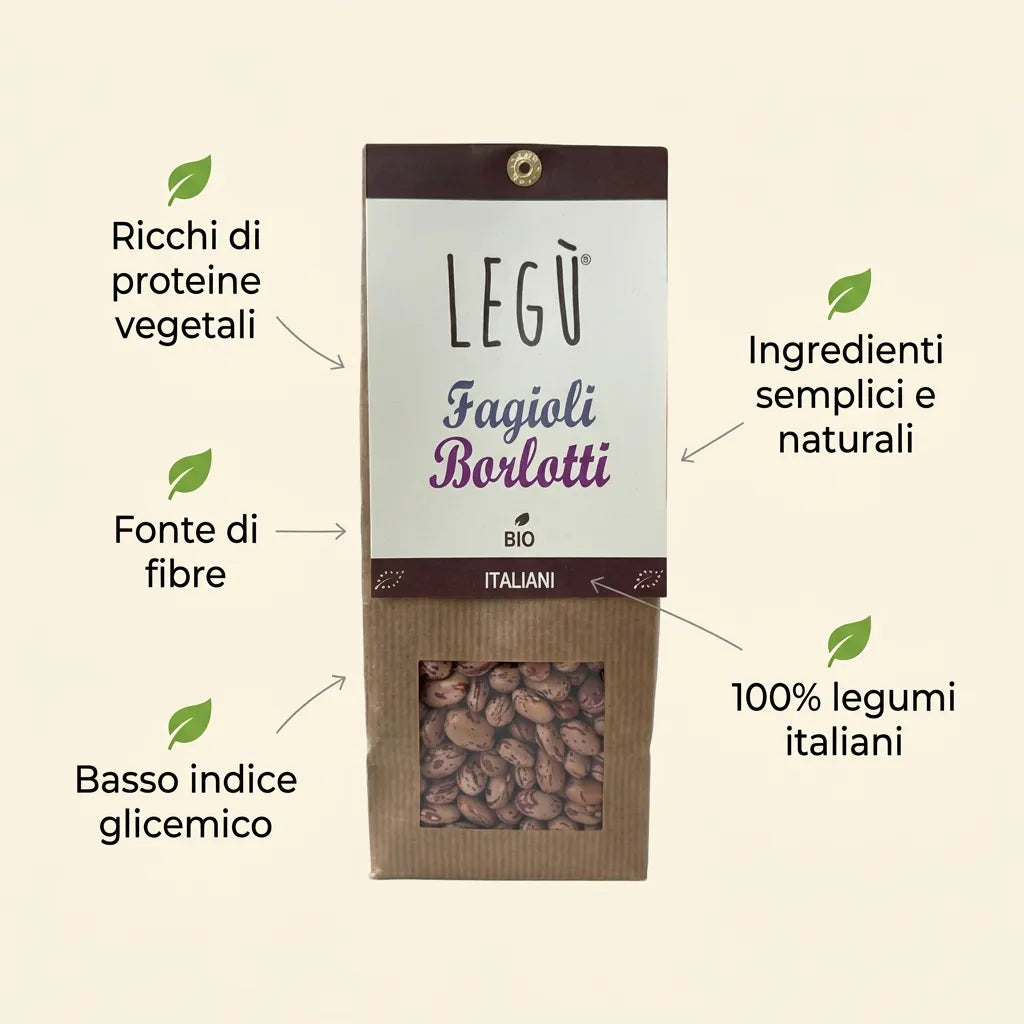 Infographic with a pack of LEGÙ Borlotti Beans with benefits: rich in vegetable protein, source of fiber, low glycemic index, simple and natural ingredients, 100% Italian legumes.