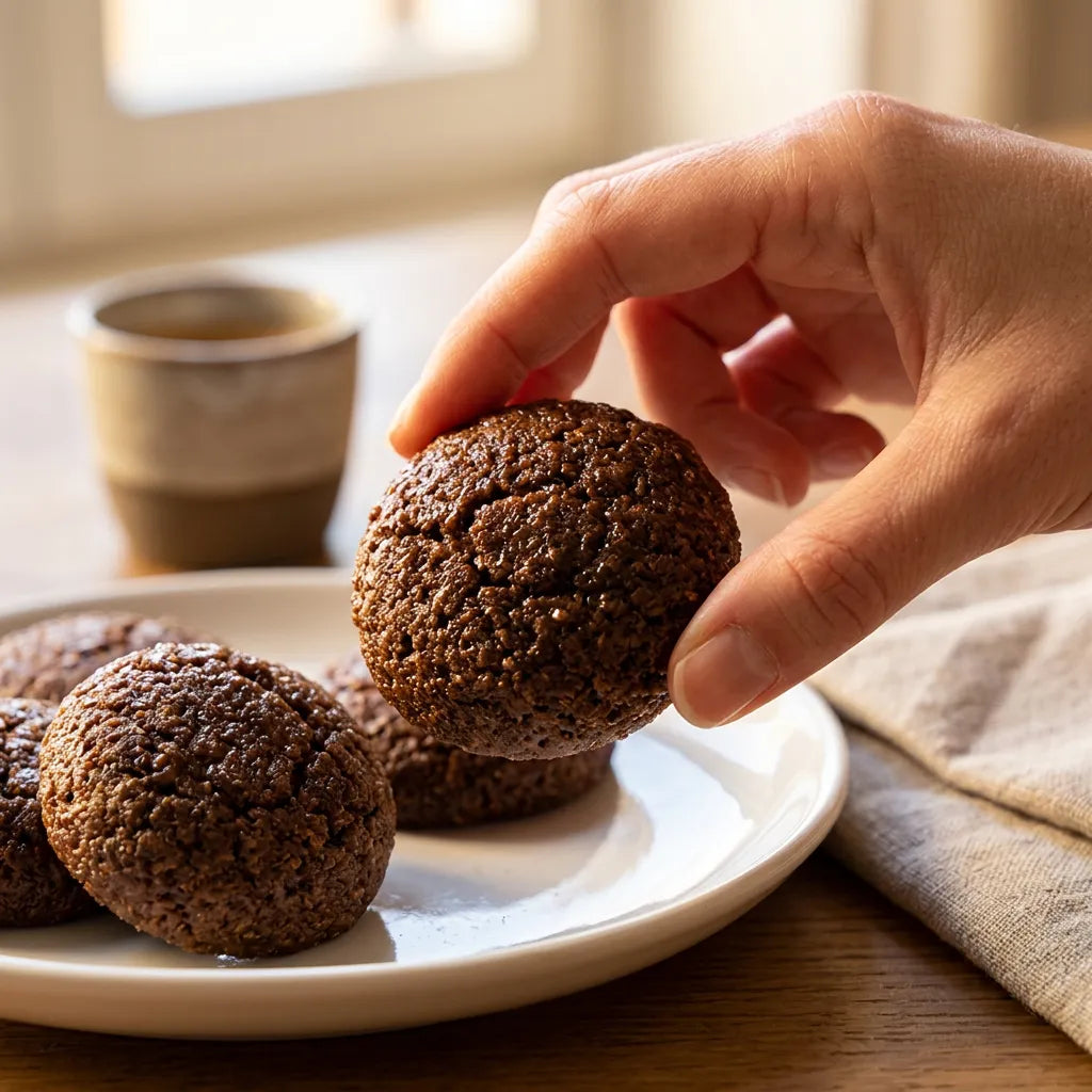 Mano che prende un pasticcino LEGÙ alla mandorla da un piatto bianco, sfondo con tazza, dolci di legumi senza glutine e con proteine vegetali.