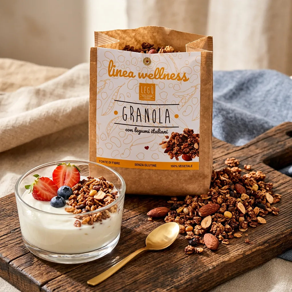 Granola LEGÙ con legumi italiani servita con yogurt e fragole, croccante e ricca di fibre e proteine vegetali, senza glutine.