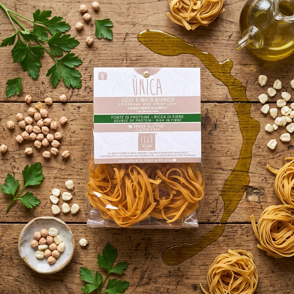 Confezione di tagliatelle di mais bianco e ceci LEGÙ su tavolo di legno, con ingredienti freschi, olio d'oliva, pasta di legumi senza glutine e ad alto contenuto di proteine vegetali.