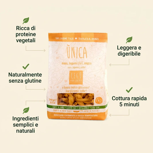 Infografica con confezione di pasta Legù Ùnica 'Intrecci', mais, legumi e miglio, evidenziando benefici: ricca di proteine vegetali, senza glutine, leggera e digeribile, cottura rapida in 5 minuti, ingredienti semplici e naturali.