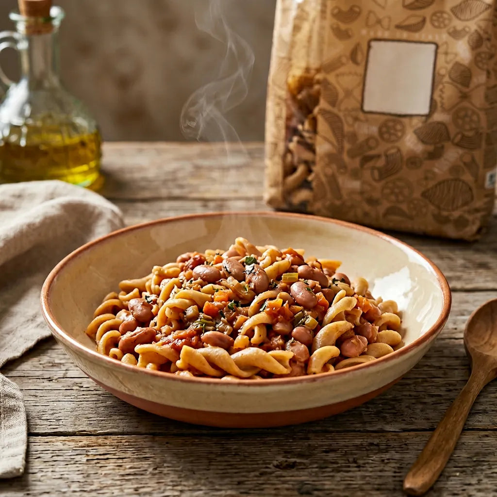 Piatto fumante di pasta Intrecci 4 Legumi LEGÙ con fagioli e verdure, un'ottima fonte di legumi e proteine vegetali, presentato su tavola di legno.
