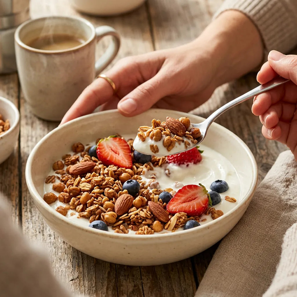 Una persona mangia Granola di Legumi e Cereali LEGÙ con yogurt, fragole e mirtilli. Una colazione ricca di fibre e proteine vegetali, ideale per una dieta senza glutine.