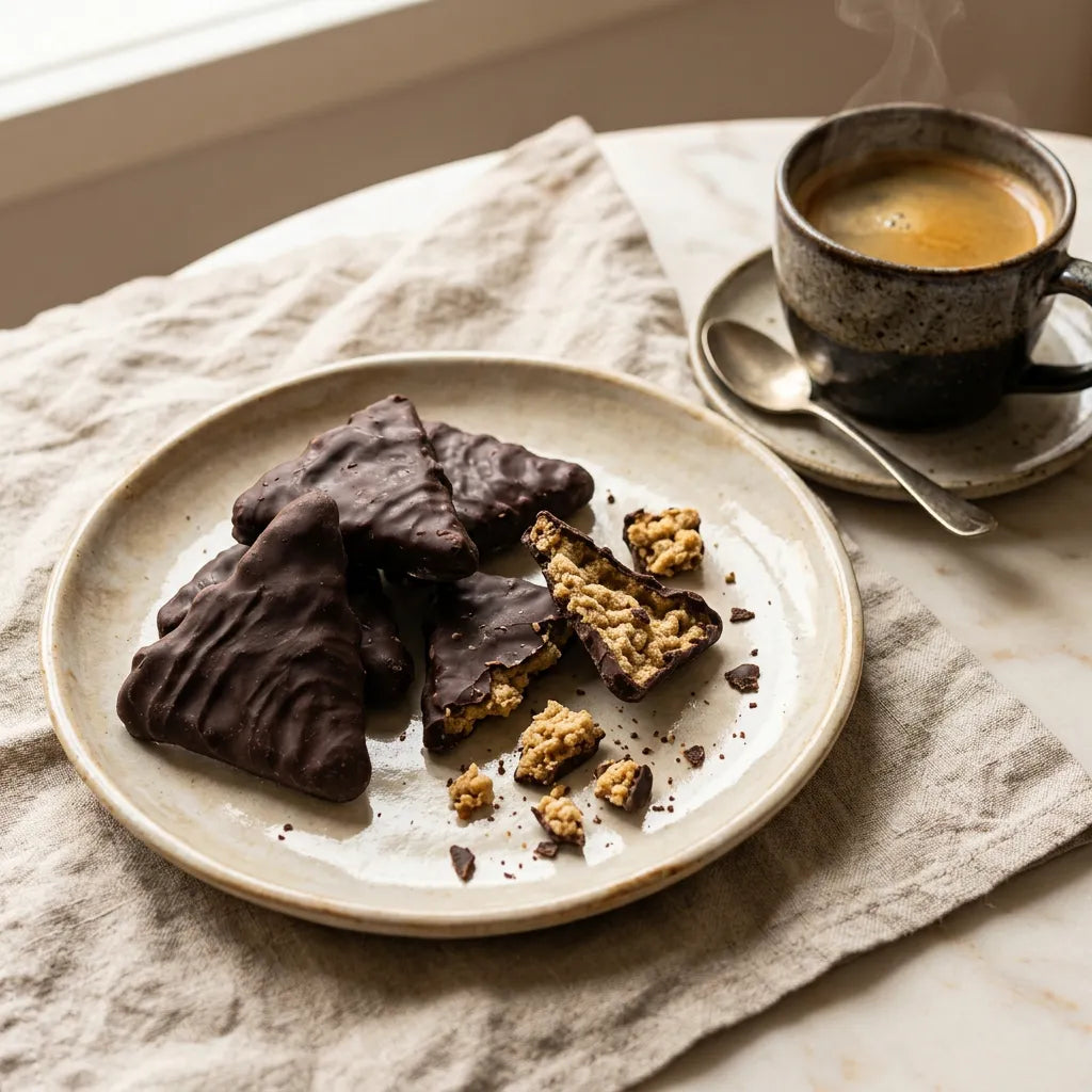 Italian hulled legume triangles covered in LEGÙ dark chocolate on a plate, some broken to show the inside, with a cup of steaming coffee, gluten-free and protein-rich legume sweets.