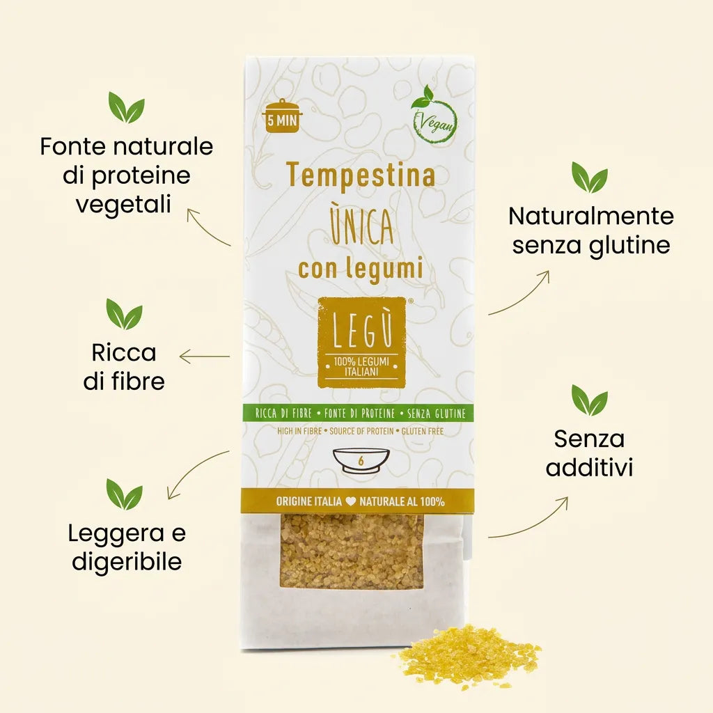 Confezione di Tempestina Unica con legumi LEGÙ, che mostra benefici come fonte di proteine vegetali, ricca di fibre, naturale senza glutine, senza additivi e leggera e digeribile.