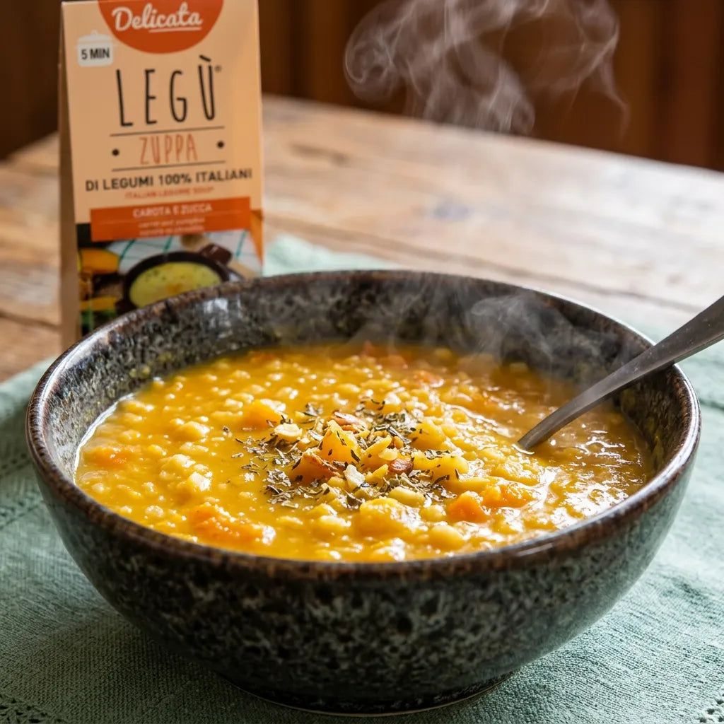Zuppa Delicata LEGÙ di legumi italiani, carote e zucca in ciotola fumante, ricca di proteine vegetali per un'alimentazione sana e senza glutine.