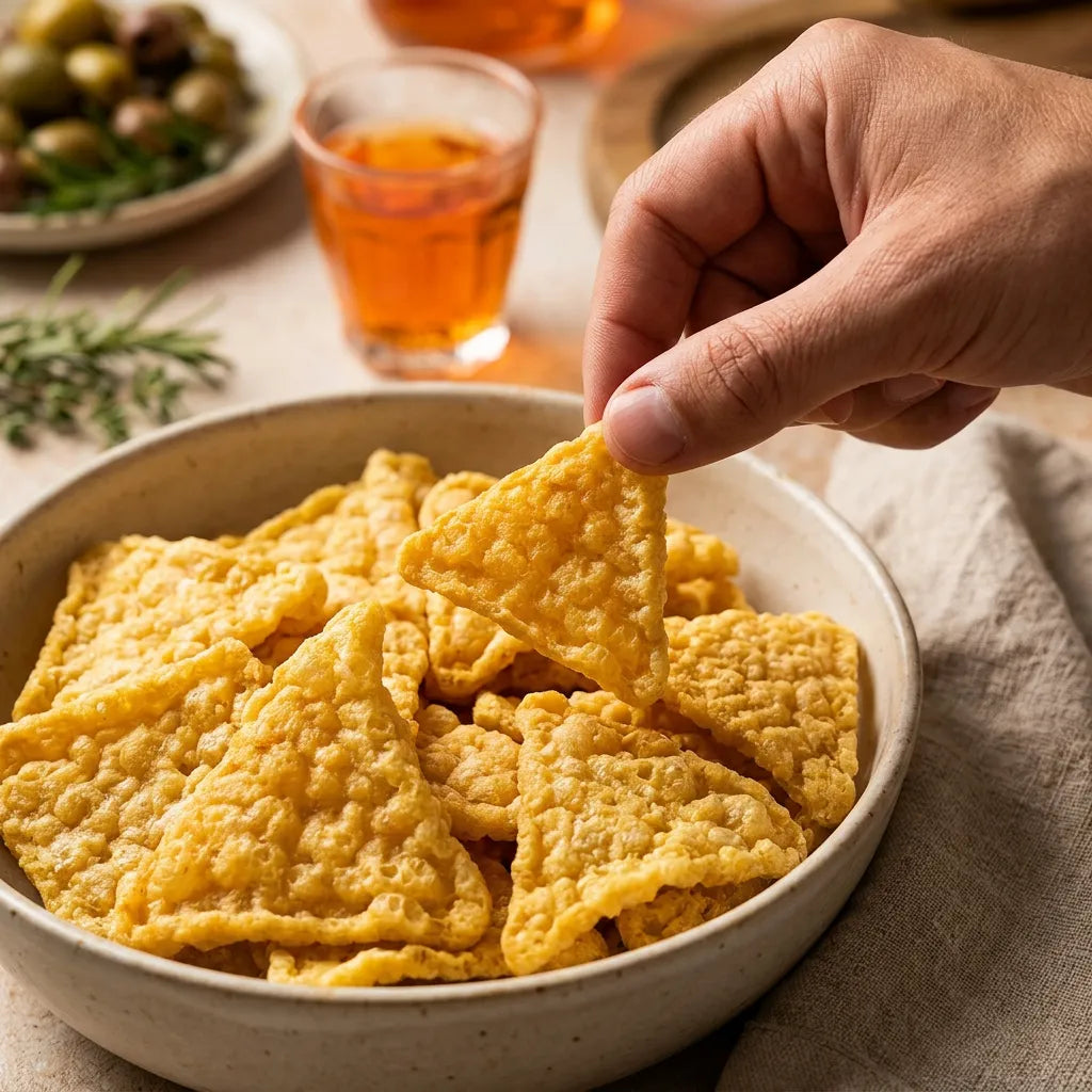 Una mano prende un Triangolo Classico LEGÙ da una ciotola, snack di legumi senza glutine perfetti per un aperitivo, ricchi di proteine vegetali.