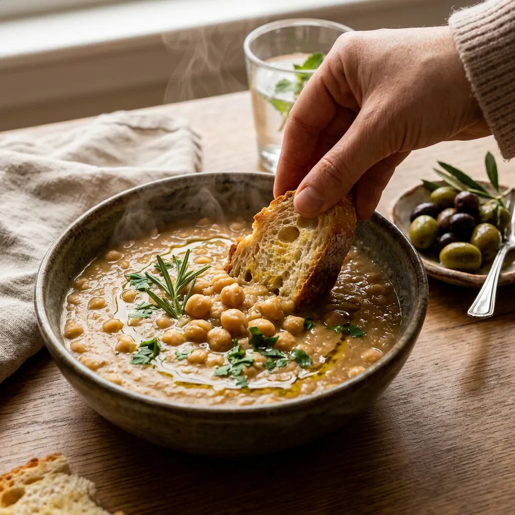 Ceci Biologici LEGÙ fumanti in ciotola rustica, una mano intinge pane croccante. Piatto invitante ricco di proteine vegetali, senza glutine.