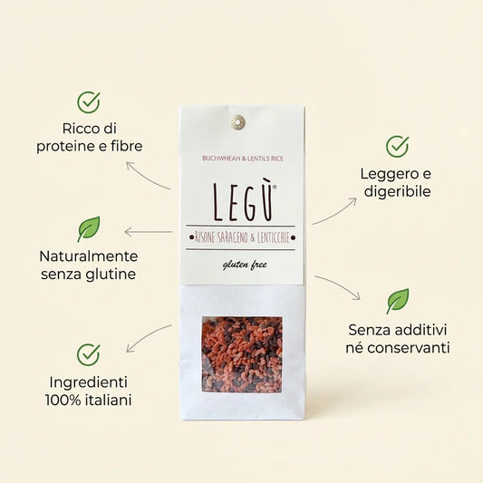 Infographic with LEGÙ Buckwheat and Lentils, a gluten-free legume-based product, rich in protein and fiber.