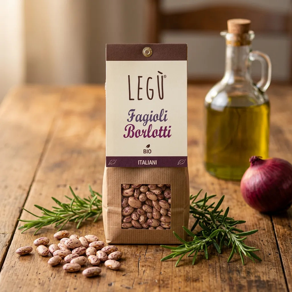 LEGÙ Italian Borlotti Beans in paper packaging with window, gluten-free legumes and vegetable protein, on a wooden table with rosemary, oil, and red onion.