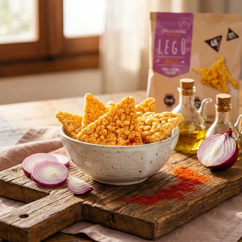 Triangoli croccanti LEGÙ Cipolla e Paprika in ciotola, con cipolla rossa e spezie, ideali come snack di legumi senza glutine.