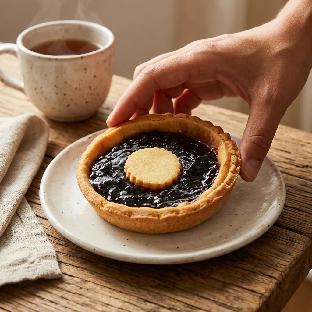 Una mano prende una crostatina ai frutti di bosco LEGÙ, sul tavolo in legno con tazza di tè fumante. Dolce di legumi senza glutine.
