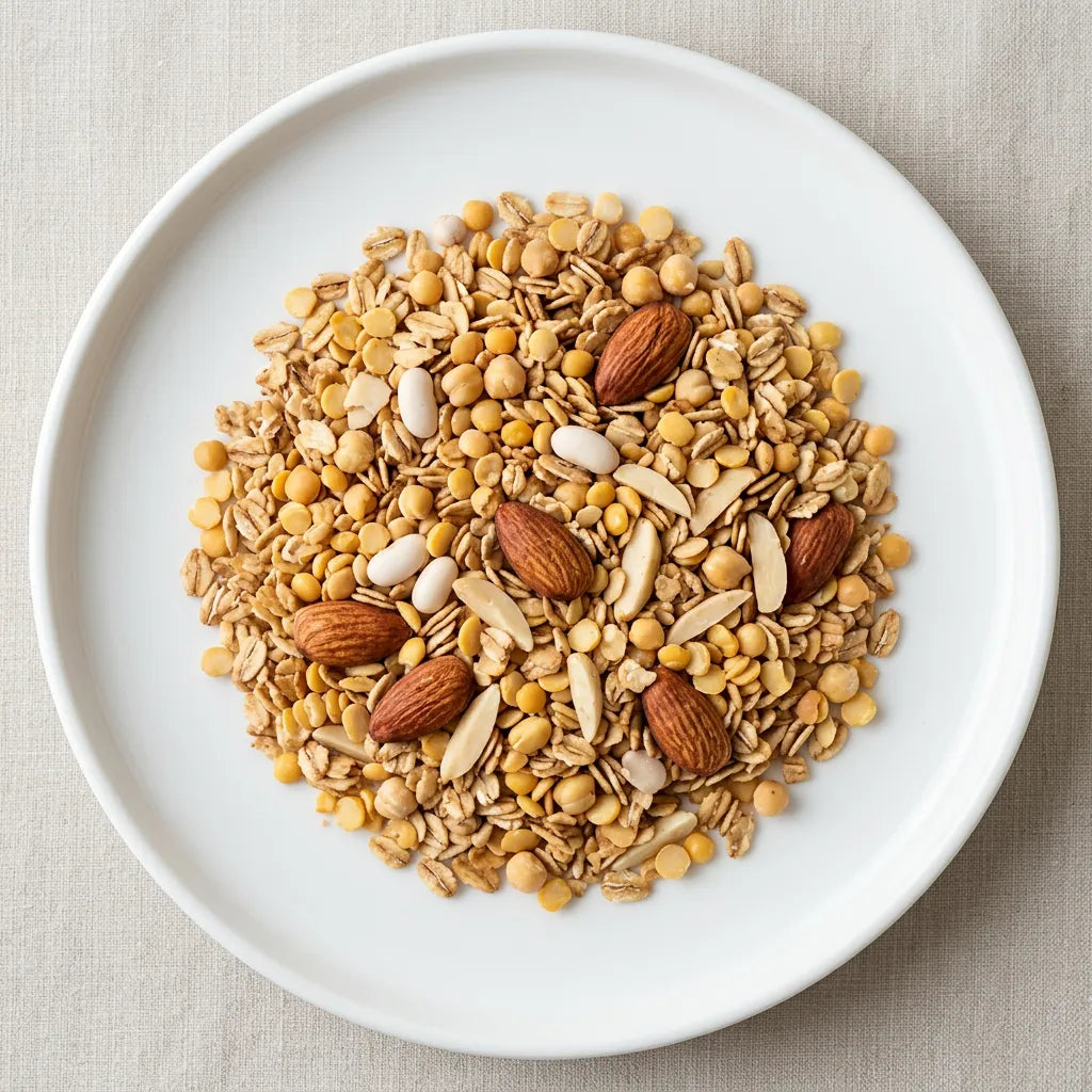 Granola di Legumi e Cereali LEGÙ in un piatto bianco, mix di fiocchi d'avena, lenticchie, ceci, mandorle. Una colazione ricca di proteine vegetali, senza glutine.