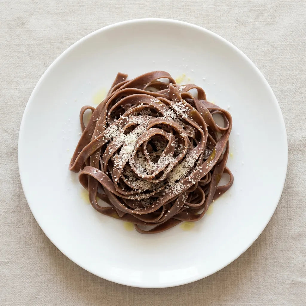 Tagliatelle alle Castagne LEGÙ in un piatto bianco, condite con formaggio grattugiato e un filo d'olio, pasta di legumi senza glutine e ricca di proteine vegetali.