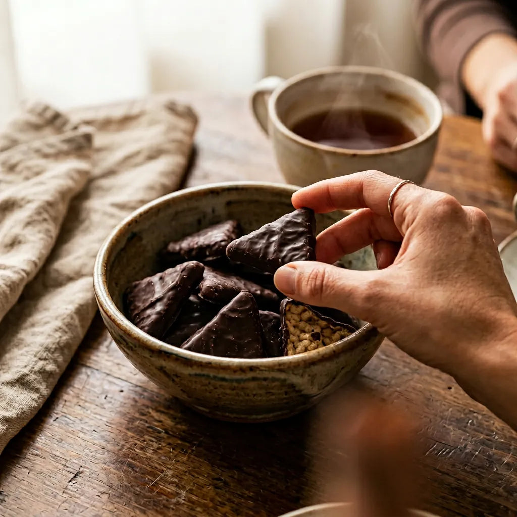 Hand taking a triangle of legumes covered in dark chocolate LEGÙ from a bowl, sweet snack with plant-based protein.