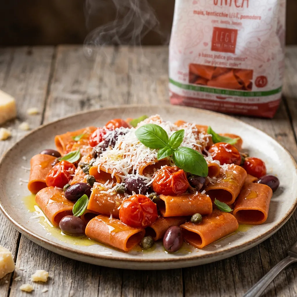 Un piatto fumante di Paccheri ÙNICA LEGÙ di mais, lenticchie e pomodoro, conditi con pomodorini, olive, basilico e parmigiano, pasta di legumi senza glutine e ad alto contenuto di proteine vegetali.