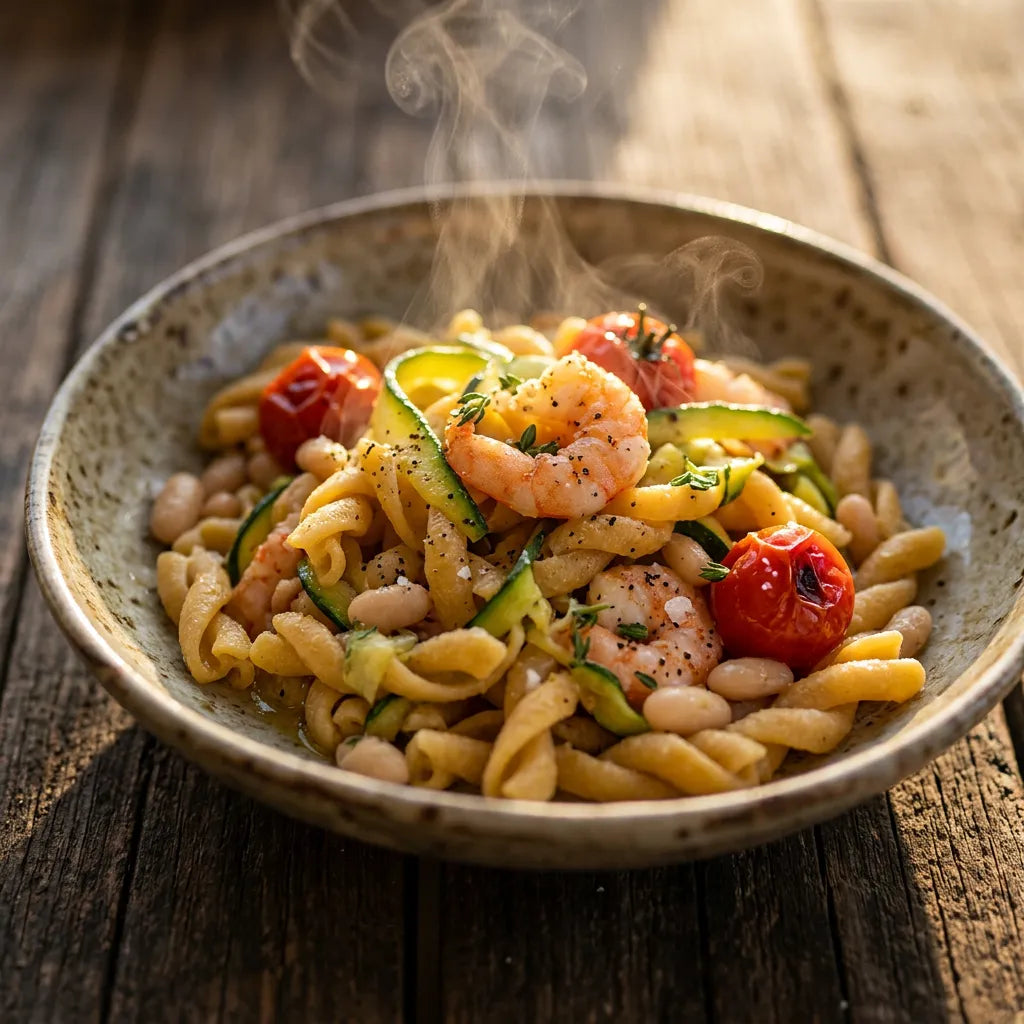 Un piatto fumante di pasta Intrecci ÙNICA con mais, legumi e miglio, condita con gamberi, zucchine, pomodorini e fagioli bianchi. Pasta di legumi senza glutine, ricca di proteine vegetali.