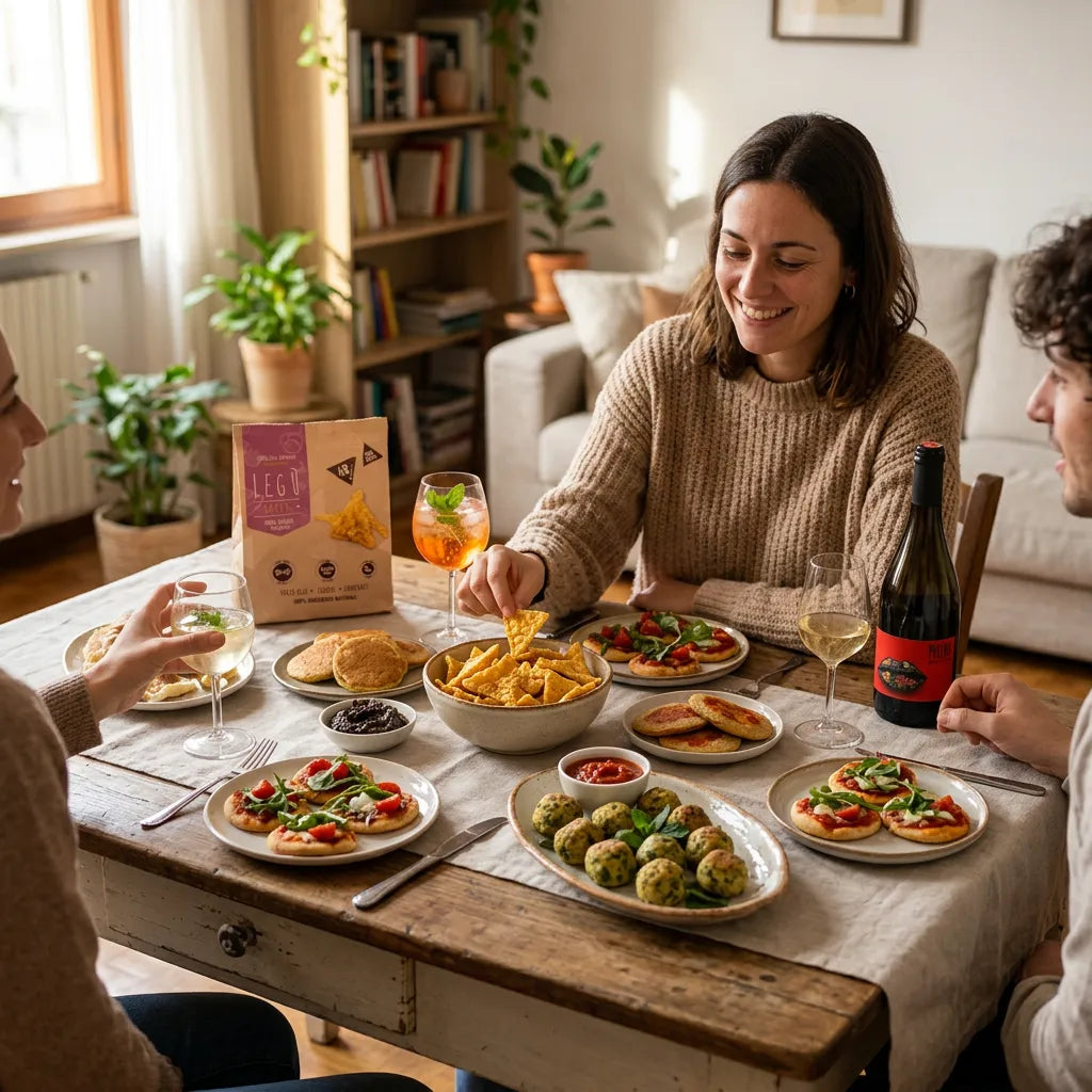 Idee aperitivo sano e veloce da fare in casa. Aperitivo con amici con snack, pizzette e polpette di legumi Legù da condividere