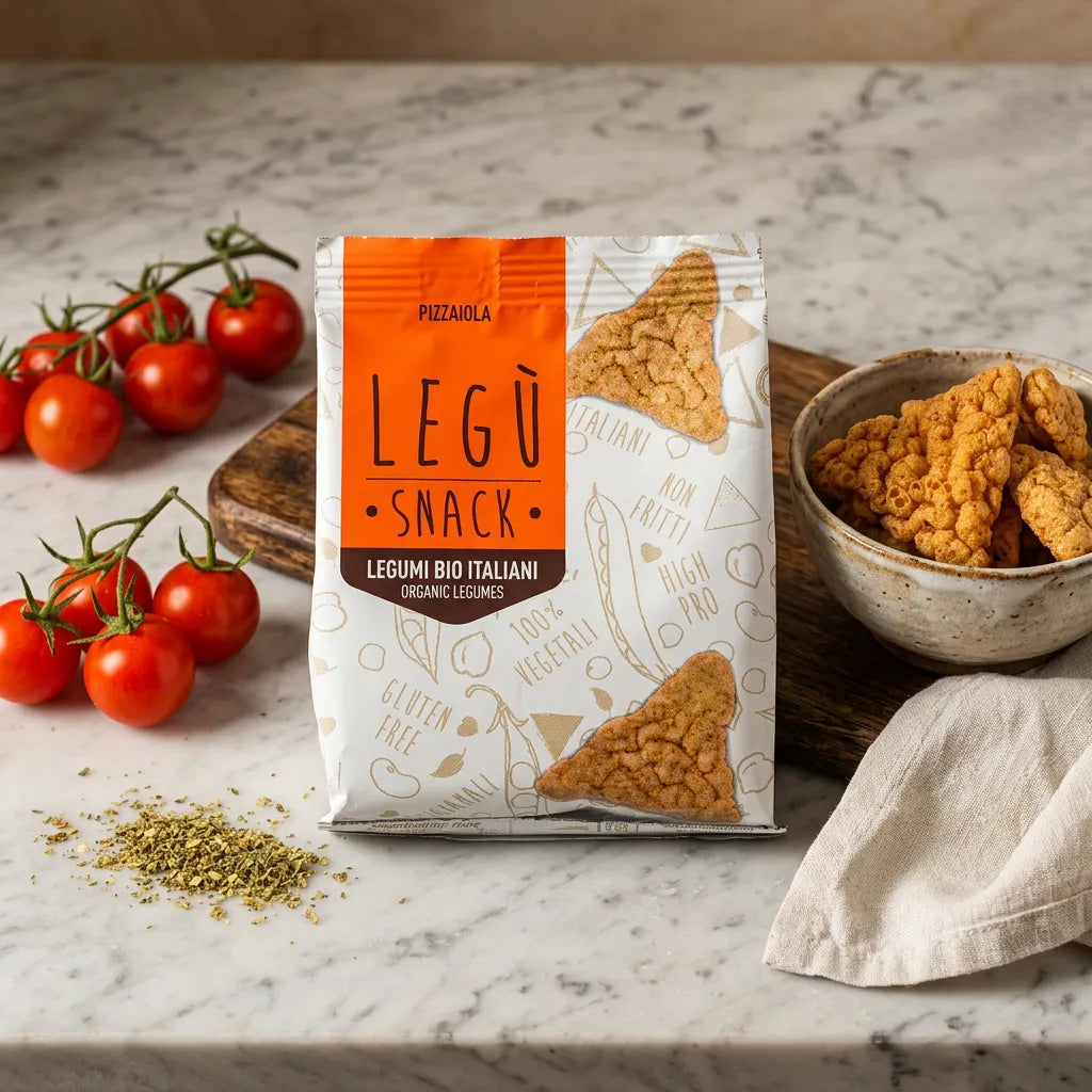 Confezione di Triangoli Pizzaiola LEGÙ, snack di legumi senza glutine e ad alto contenuto proteico, con pomodorini freschi e spezie su un tavolo di marmo.