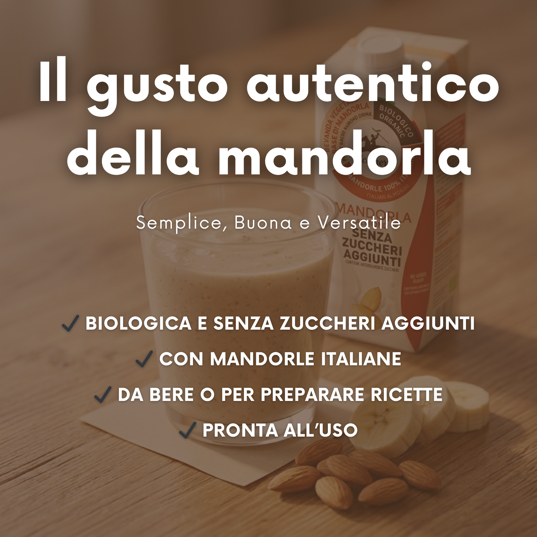 Bevanda alla mandorla biologica senza zuccheri aggiunti con mandorle italiane, pronta da bere o per ricette