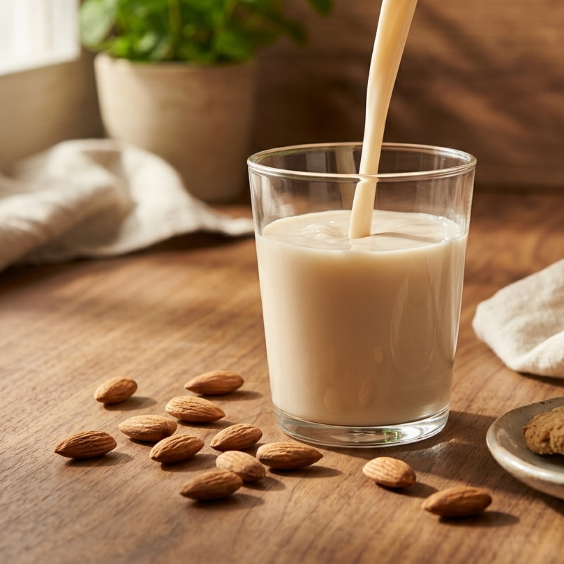 Bevanda alla mandorla versata in un bicchiere con mandorle su tavolo in legno, ideale per colazione sana e naturale