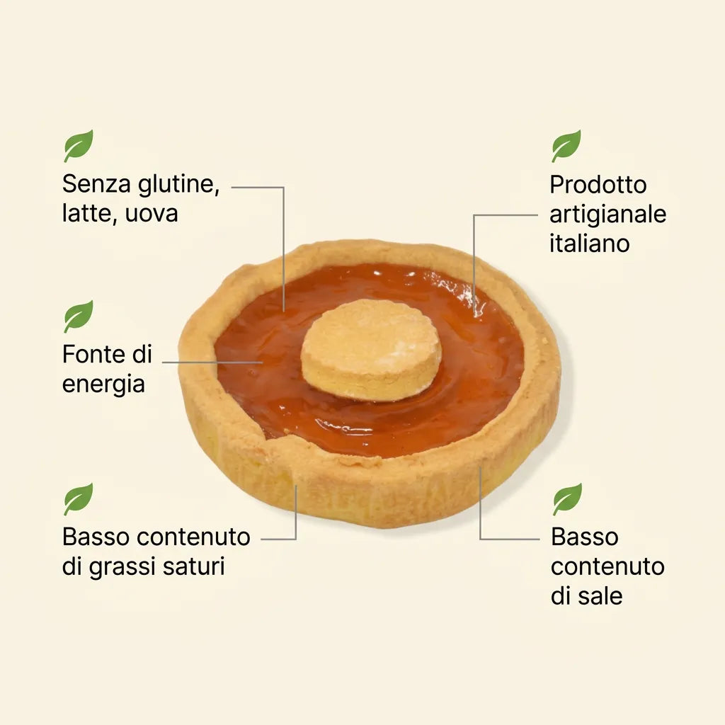 Infografica con crostatina all'albicocca LEGÙ. Prodotto senza glutine, latte, uova, artigianale italiano, fonte di energia, a basso contenuto di grassi saturi e sale.