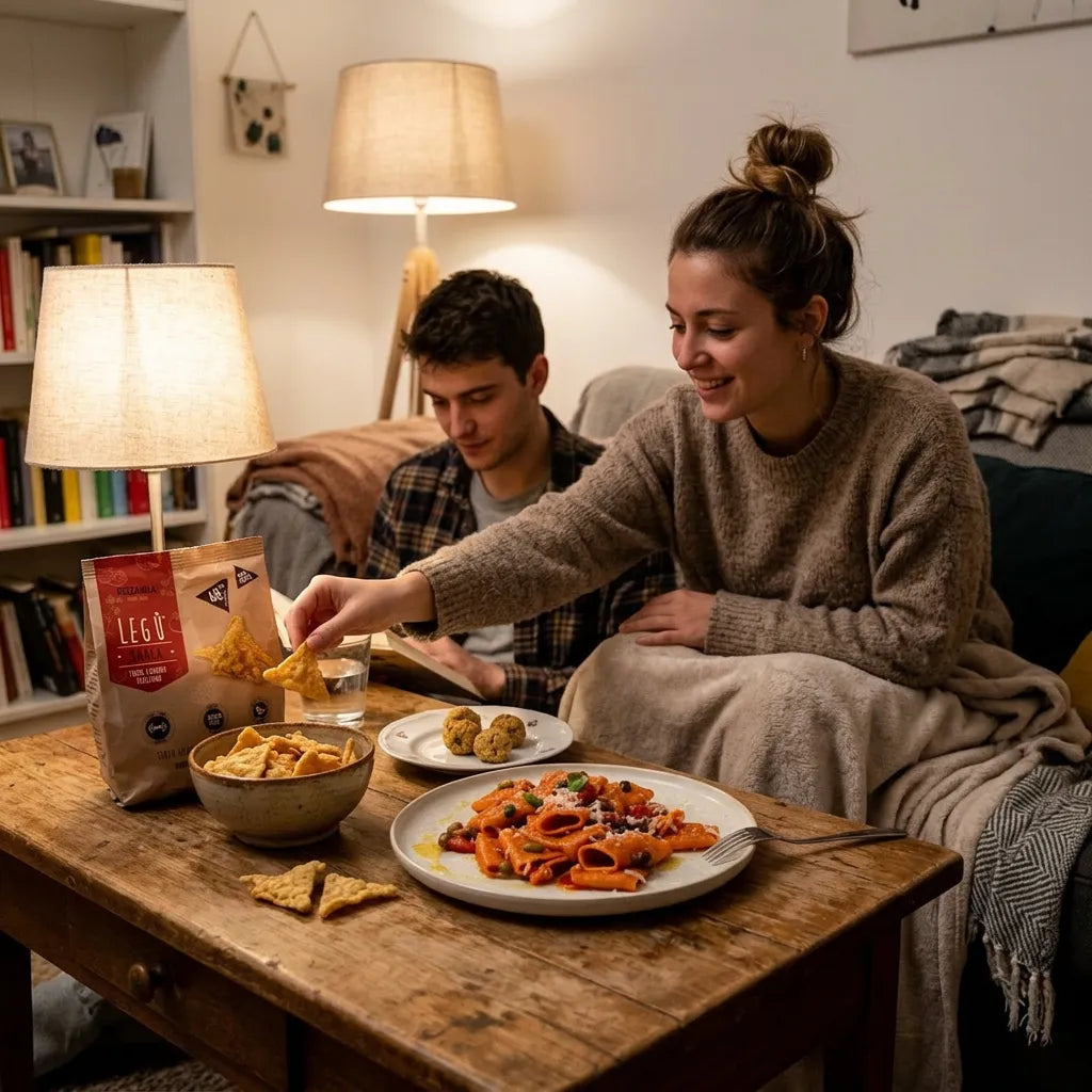 Cena semplice e sana con prodotti Legù condivisa in casa in un momento conviviale
