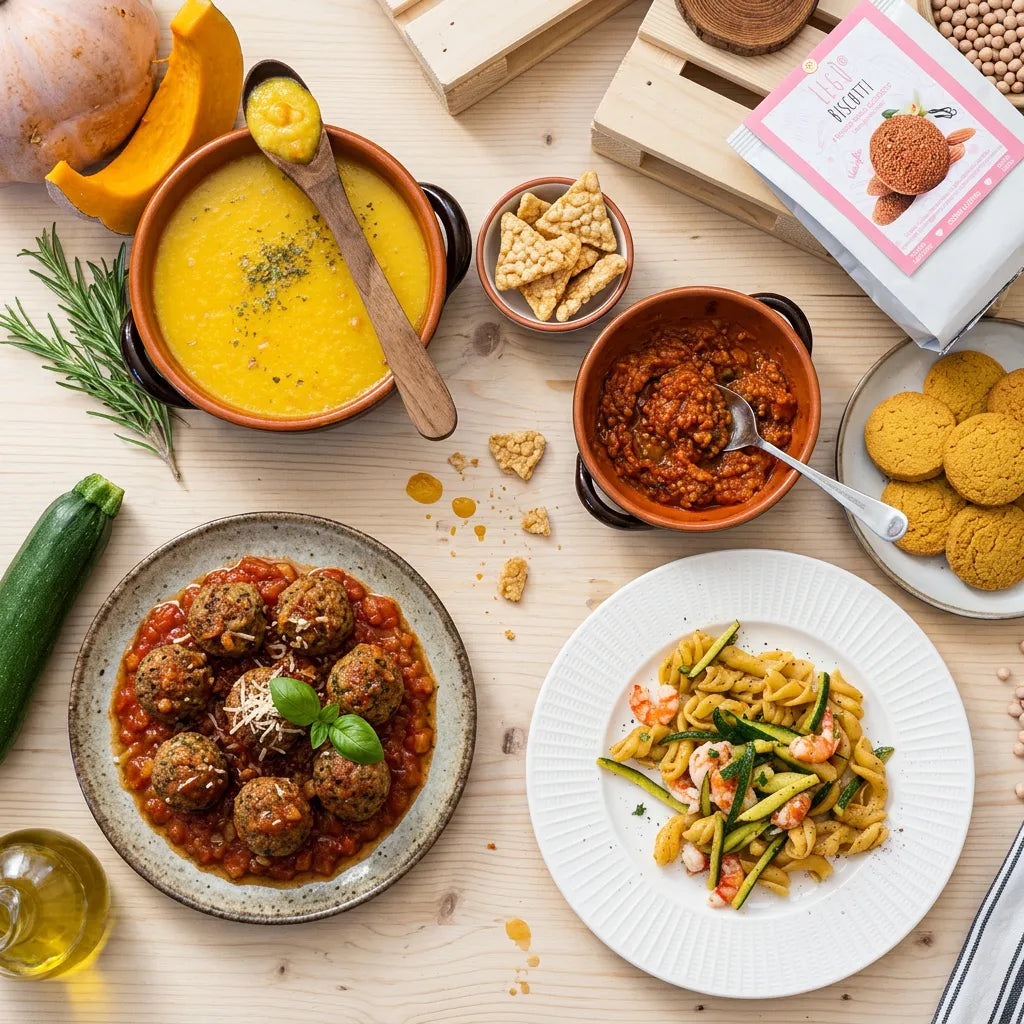 Piatti preparati con prodotti Legù: pasta, polpette, zuppa e snack sani e naturali