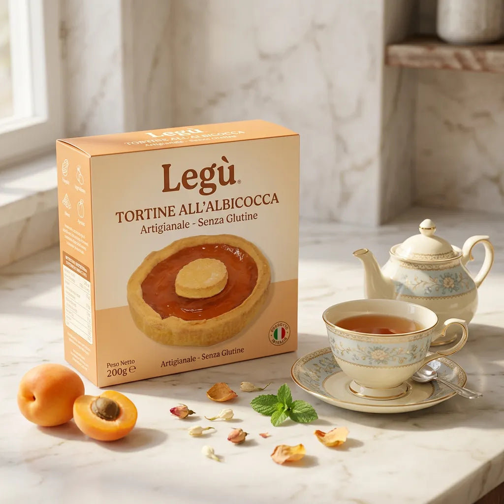 Crostatina all'albicocca Legù artigianale senza glutine, un dolce di legumi sano e gustoso, con teiera e tazza di tè su un tavolo di marmo.