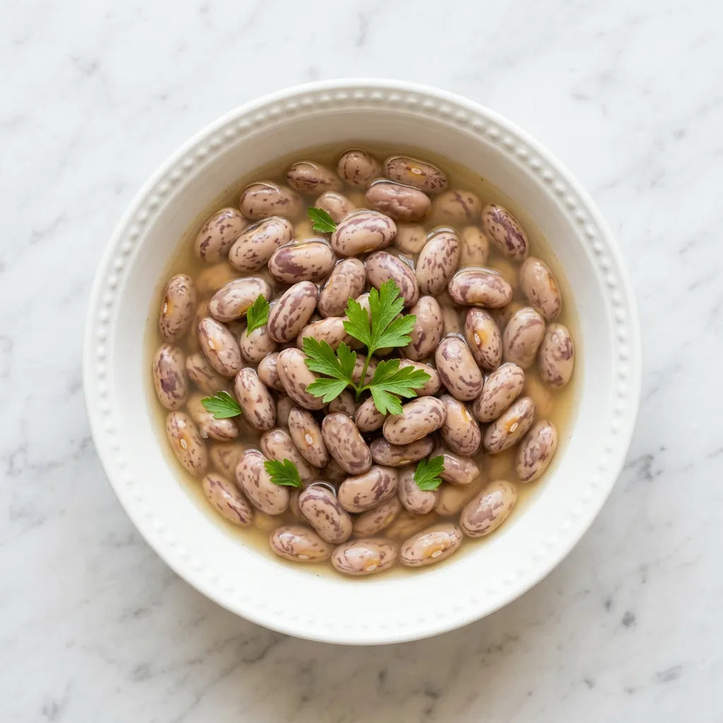 LEGÙ organic borlotti beans in a white bowl, with water and parsley, gluten-free legume and plant protein dish.