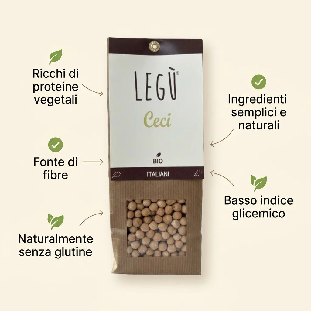 Confezione di ceci biologici LEGÙ italiani con evidenziati i benefici: ricchi di proteine vegetali, fonte di fibre, naturalmente senza glutine.