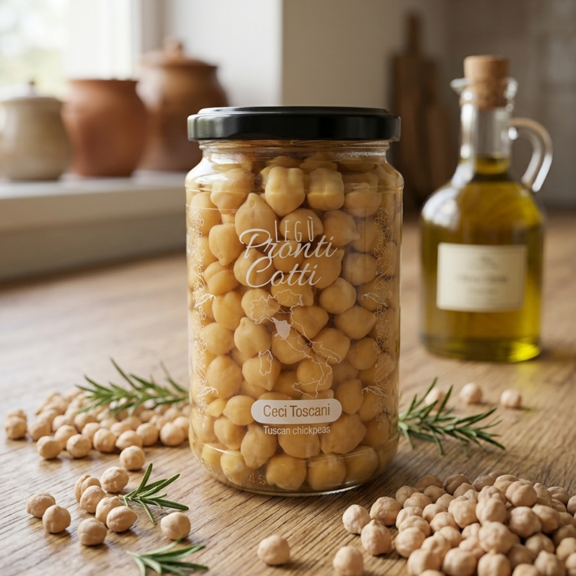 Barattolo di ceci toscani Legù su tavolo in legno con olio e rosmarino in cucina