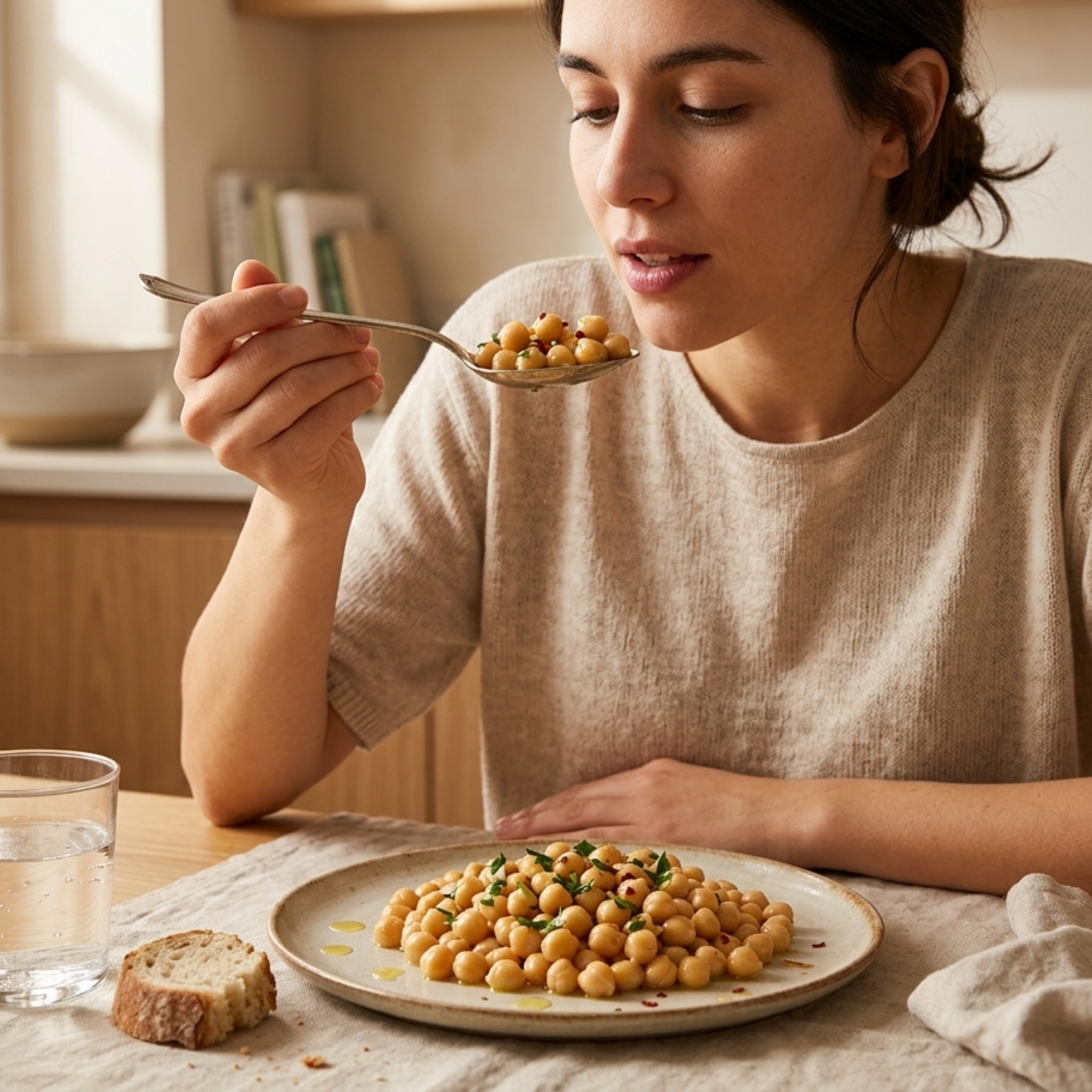 Persona giovane che mangia ceci toscani Legù in casa con pane e acqua in un ambiente luminoso