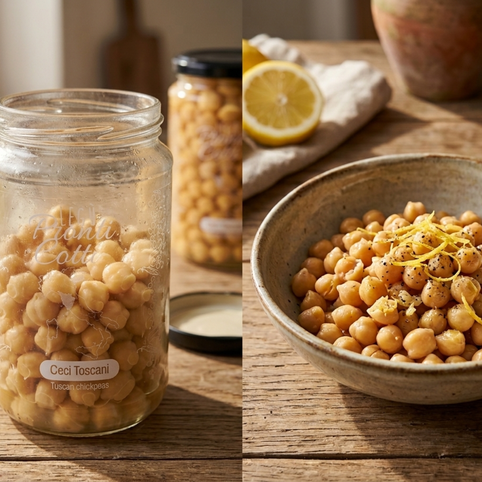 Ceci toscani Legù conditi con olio e limone in piatto accanto a barattolo aperto mezzo pieno