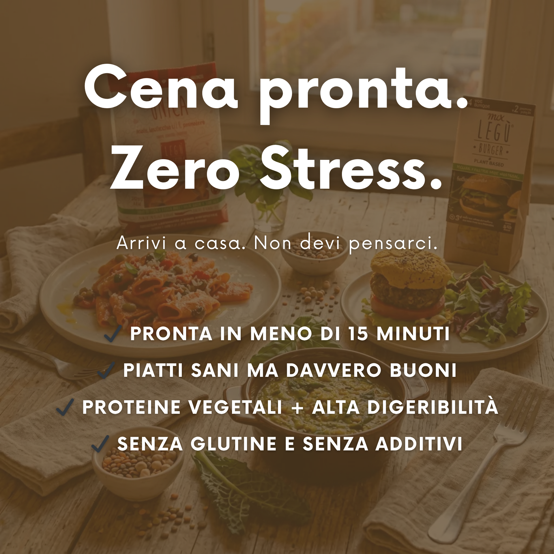 Cena sana e leggera con proteine vegetali e ingredienti naturali Legù.