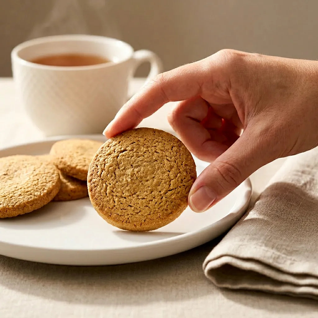 Mano afferra un biscotto alla vaniglia LEGÙ da un piatto, visibile bicchiere di tè fumante. Biscotti di legumi senza glutine e con proteine vegetali.