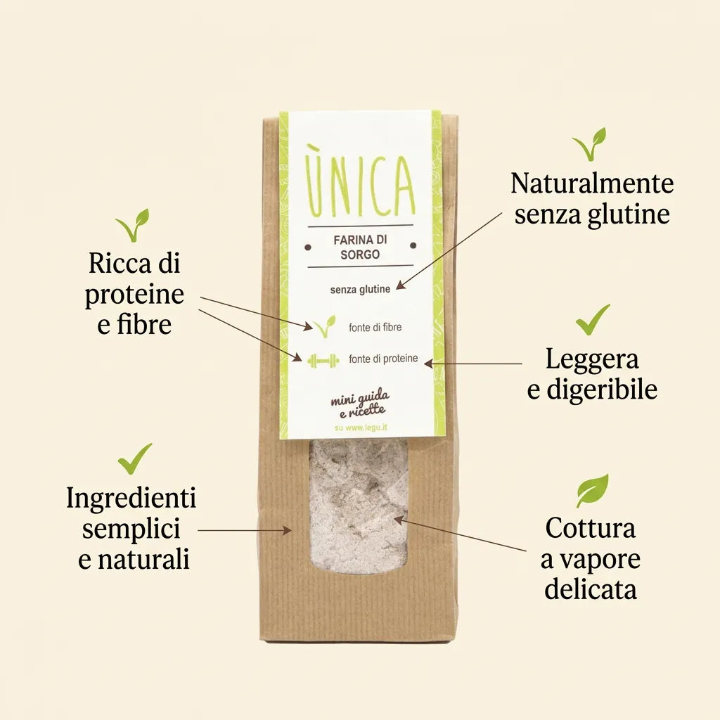 Infografica con farina di sorgo cotta a vapore LEGÙ senza glutine, ricca di proteine e fibre, leggera, digeribile e naturale.