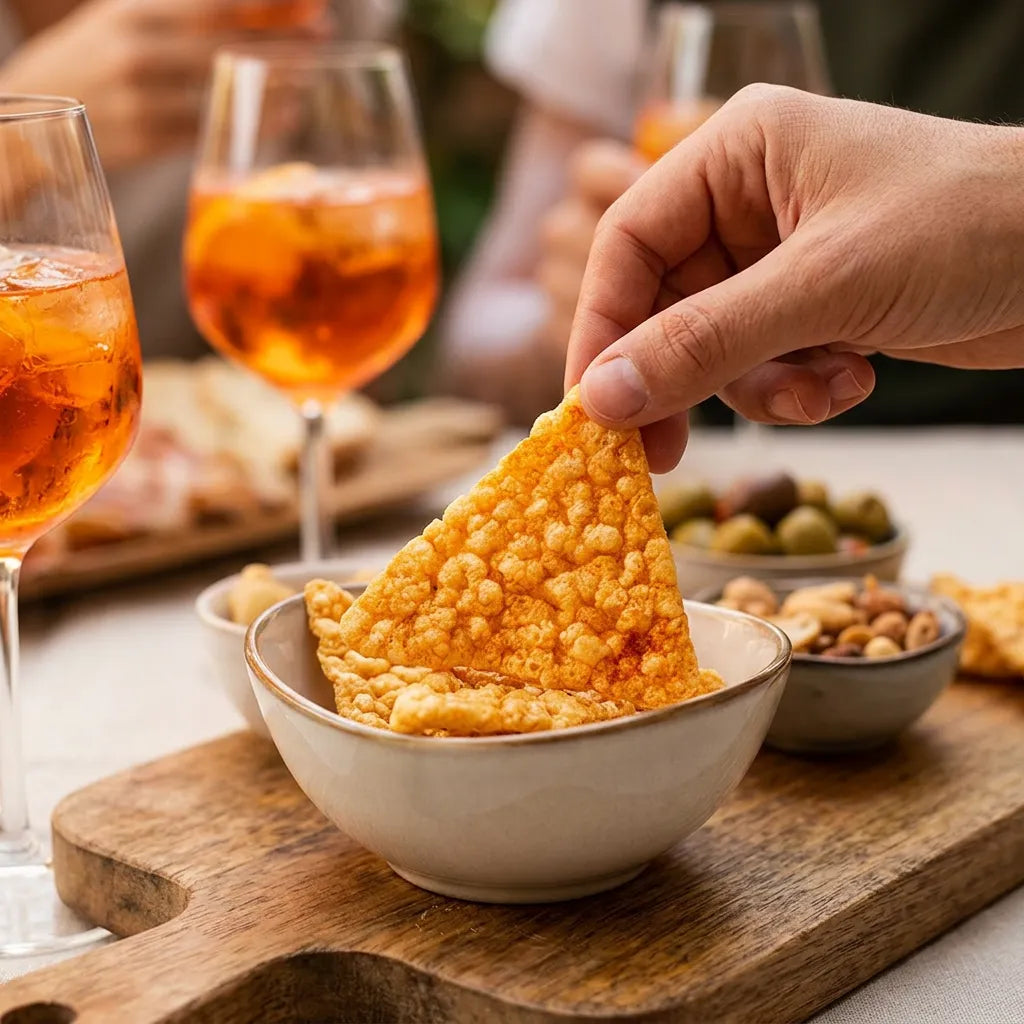 Una mano prende un triangolo cipolla e paprica di LEGÙ da una ciotola, con spritz e altri snack. Snack di legumi senza glutine.