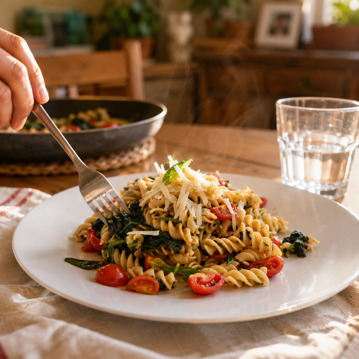 Piatto fumante di eliche Legù con pomodorini, basilico e scaglie di ricotta salata in una scena di vita reale.