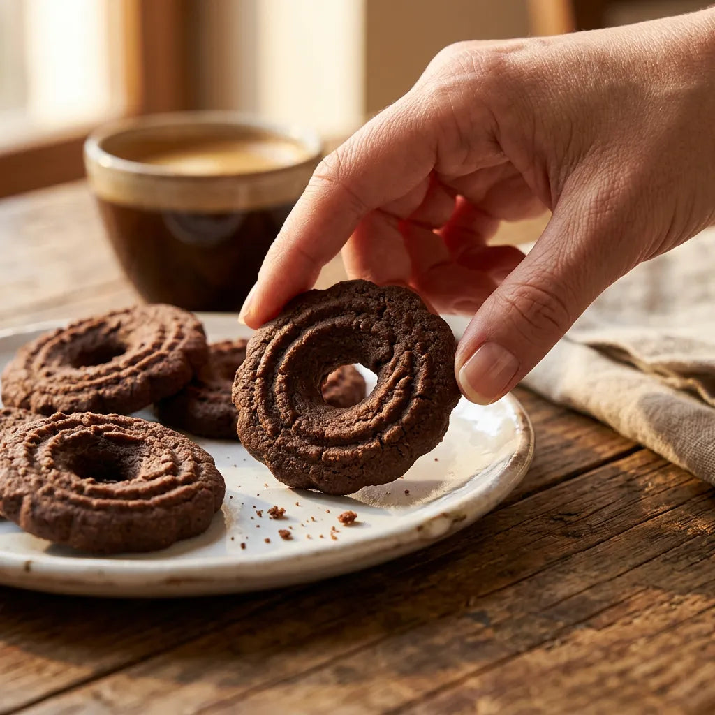 Hand taking a LEGÙ cinnamon cookie from a plate, background with coffee cup. The cookies are legume-based, perfect for a snack with plant-based protein and gluten-free.