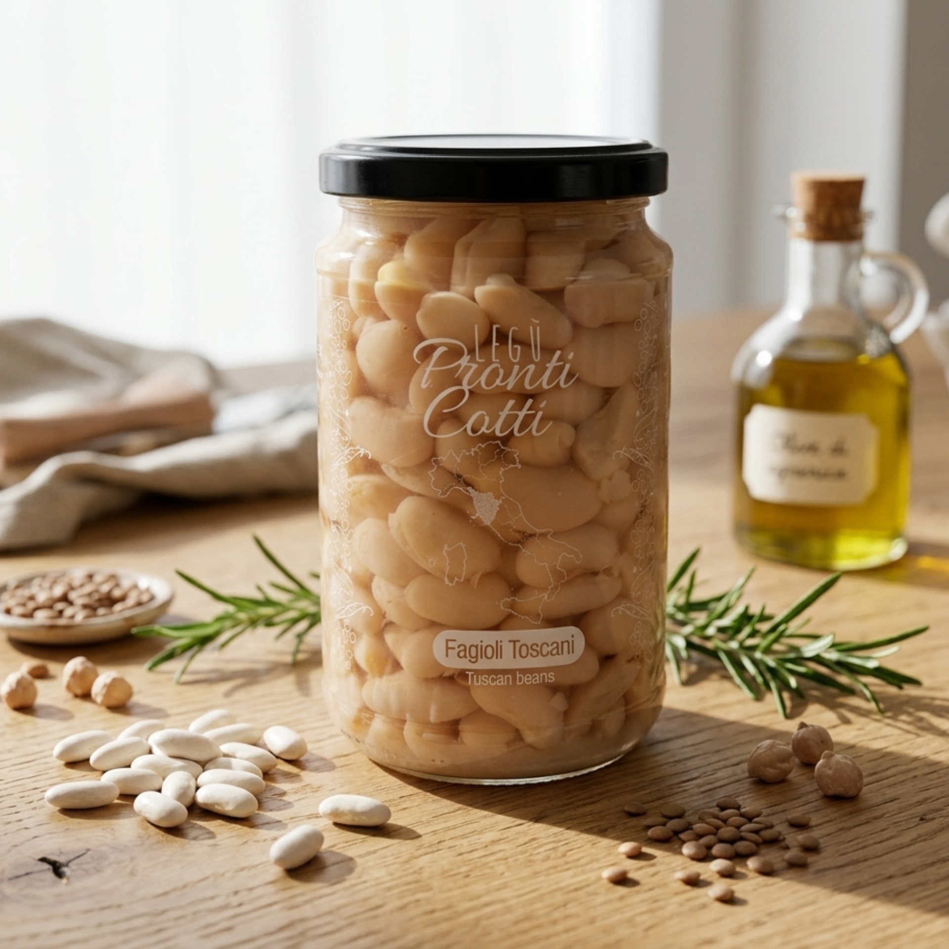 Barattolo di fagioli toscani Legù pronti cotti in salamoia su tavolo in legno con olio e rosmarino