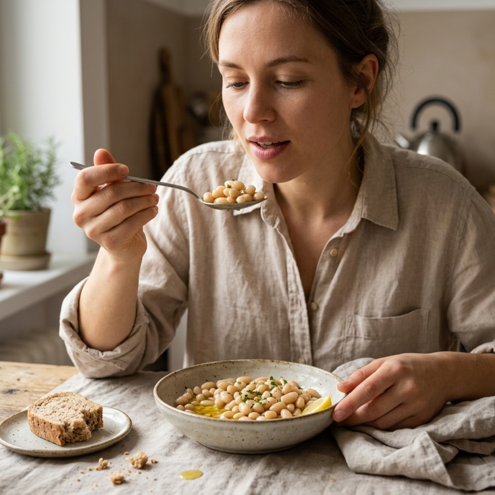 Persona giovane che mangia fagioli toscani Legù con pane in una cucina luminosa
