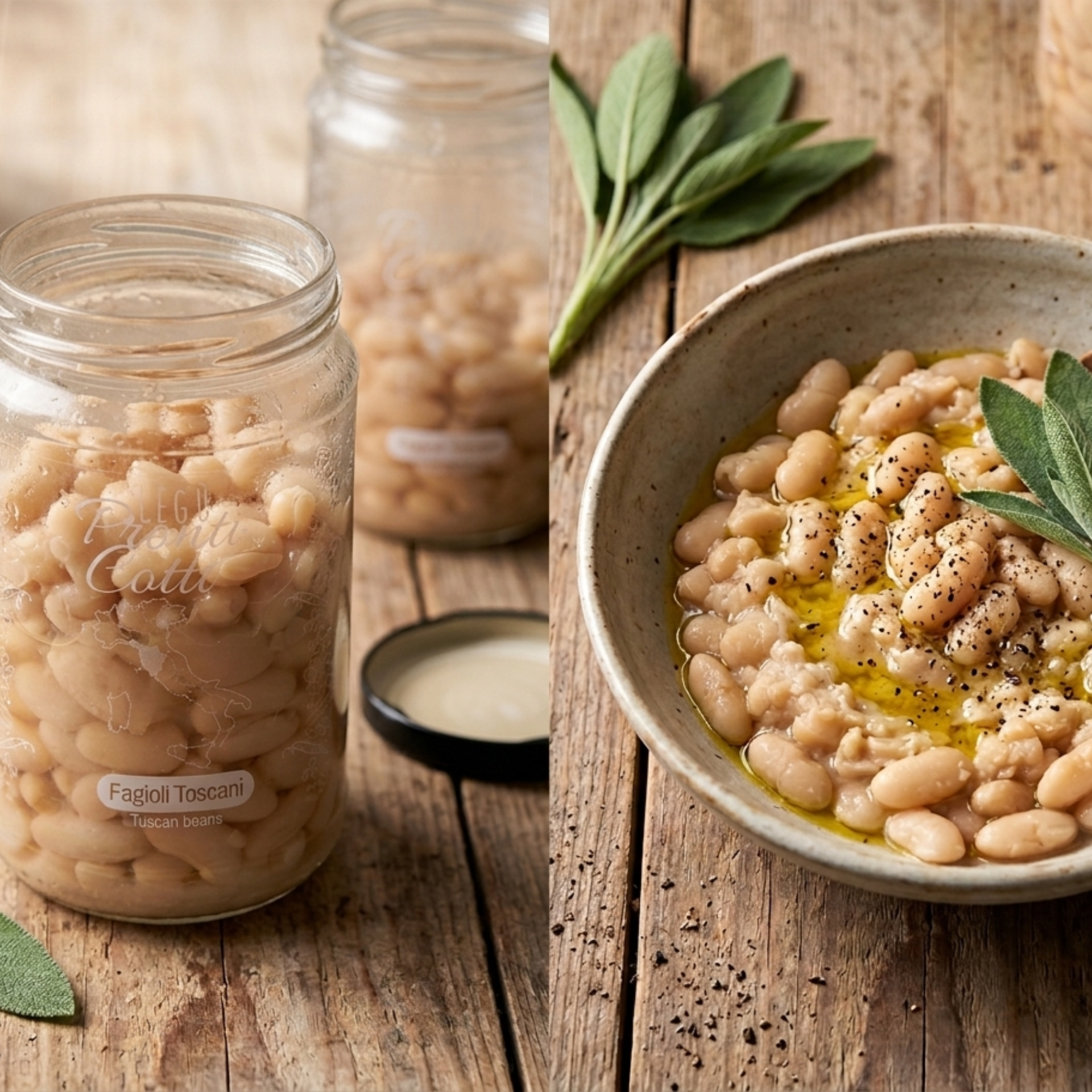 Fagioli toscani Legù conditi con olio e pepe in piatto rustico accanto a barattolo aperto mezzo pieno