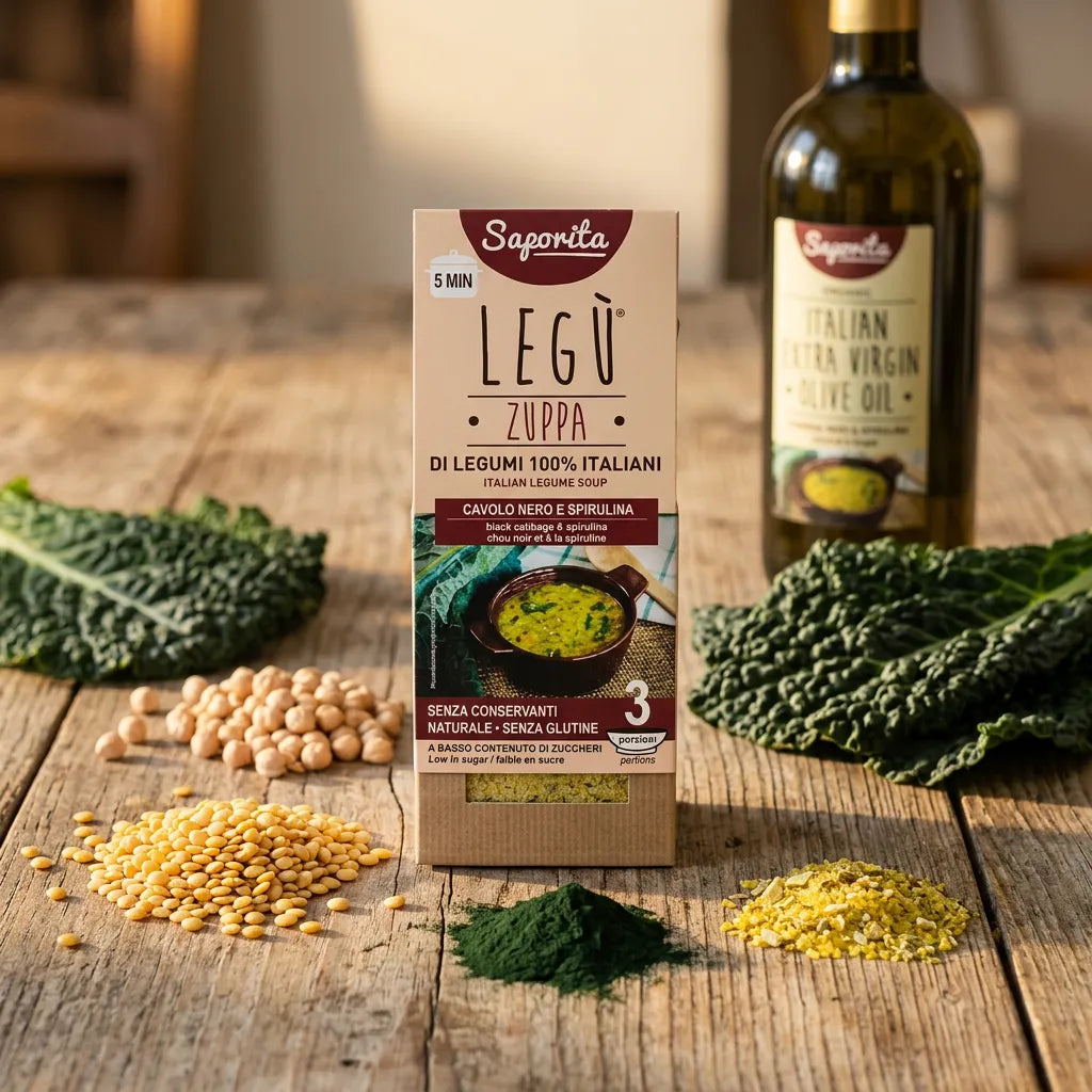 Confezione di Zuppa Saporita LEGÙ con cavolo nero e spirulina, circondata da legumi, cavolo nero e olio d'oliva. Zuppa di legumi italiani 100% senza glutine e a basso contenuto di zuccheri, ottima fonte di proteine vegetali.
