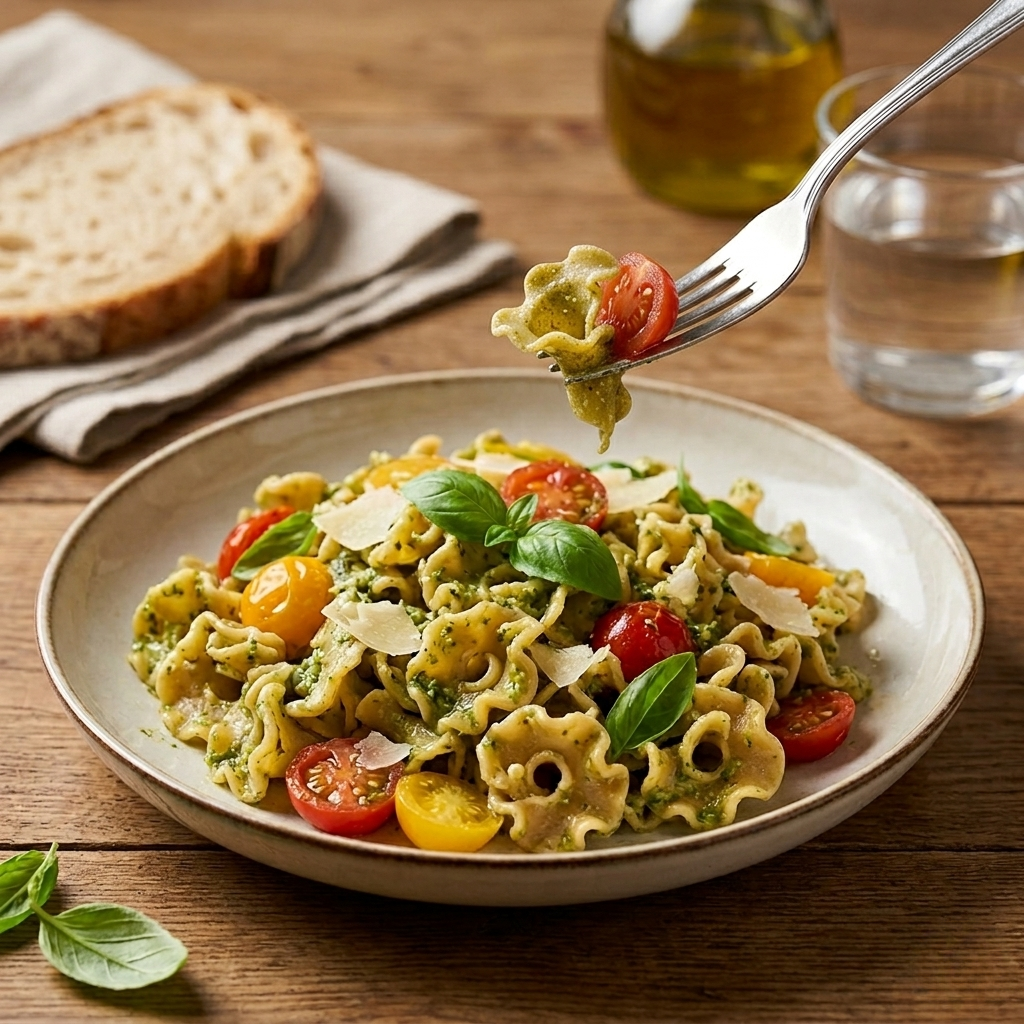 Piatto di Gigli Legù al pesto con pomodorini freschi, basilico e scaglie di parmigiano su tavolo rustico.