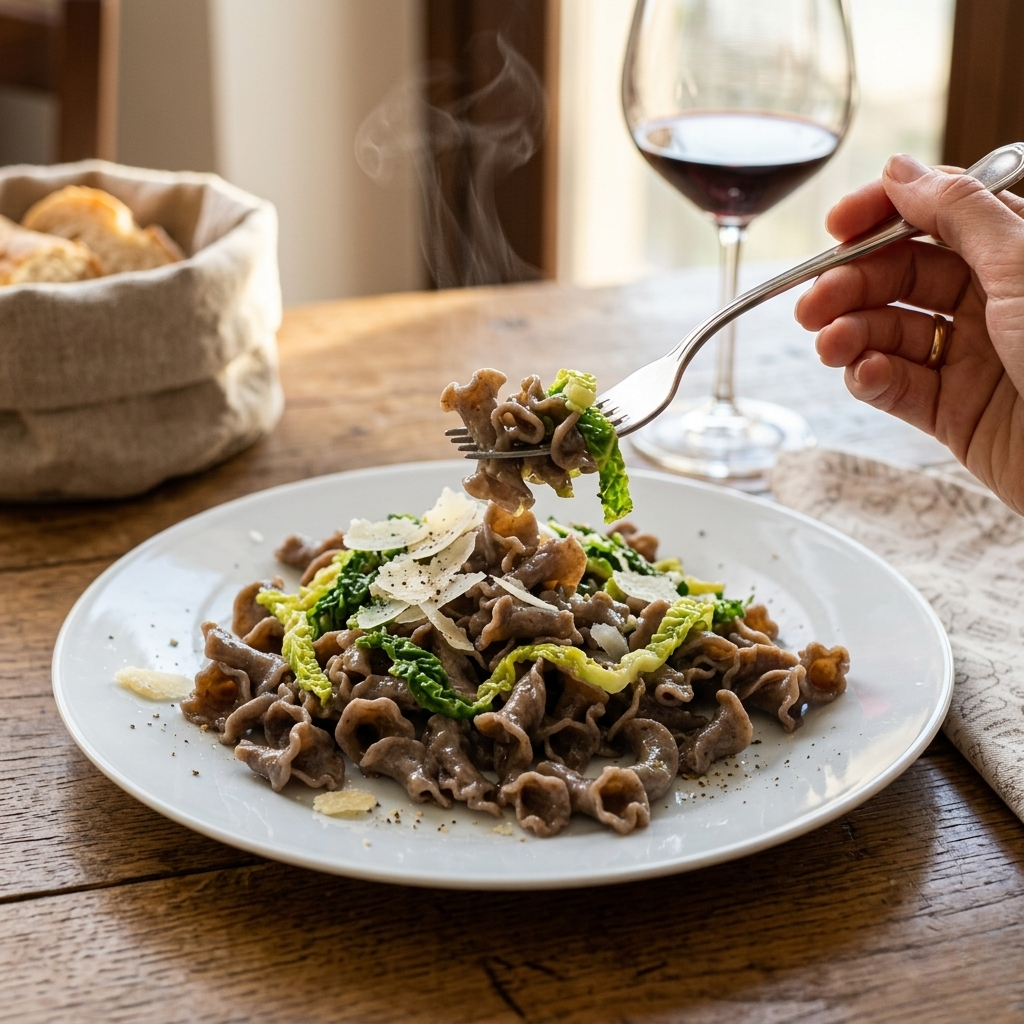Piatto fumante di Gigli al Sorgo Legù con verza, parmigiano e pepe nero, serviti su tavolo rustico con forchetta che solleva la pasta.