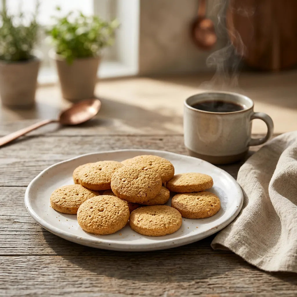 Biscotti alla vaniglia LEGÙ su piatto bianco con tazza di caffè fumante, perfetti per una colazione senza glutine ricca di proteine vegetali.