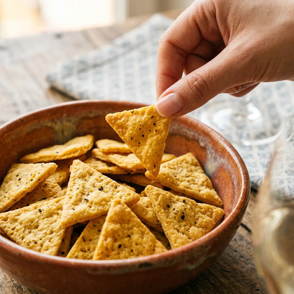 Una mano prende un triangolo tartufo LEGÙ da una ciotola, snack di legumi senza glutine e ricco di proteine vegetali, perfetto per un aperitivo conviviale.
