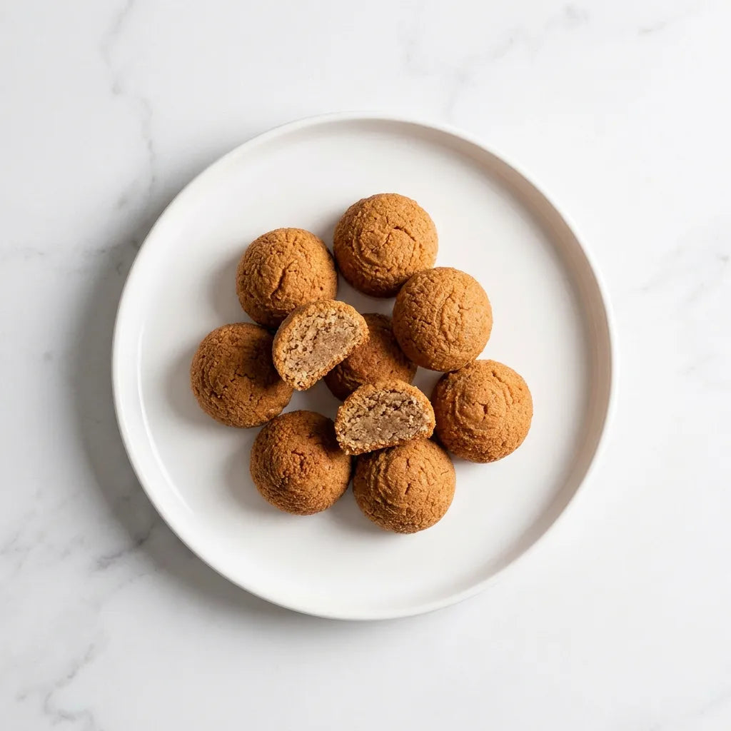 Pasticcini morbidi alla mandorla LEGÙ su piatto bianco, dolcetti di legumi senza glutine e con proteine vegetali.