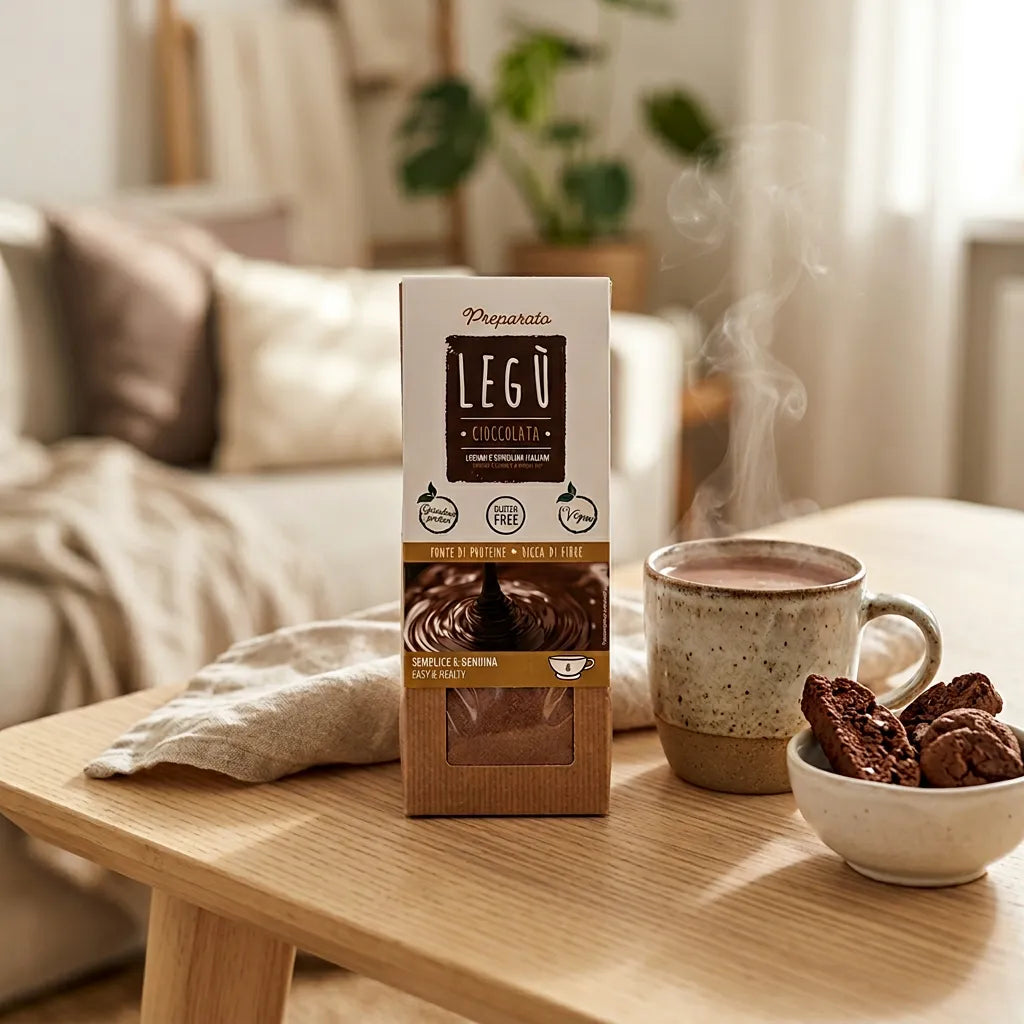 Confezione di cioccolata calda LEGÙ su tavolino, con tazza fumante e biscotti. Prodotto a base di legumi, senza glutine e fonte di proteine vegetali.